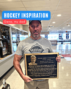 Hockey Inspiration is Gene Harrington with Brian Harrington holding his youth hockey plaque
