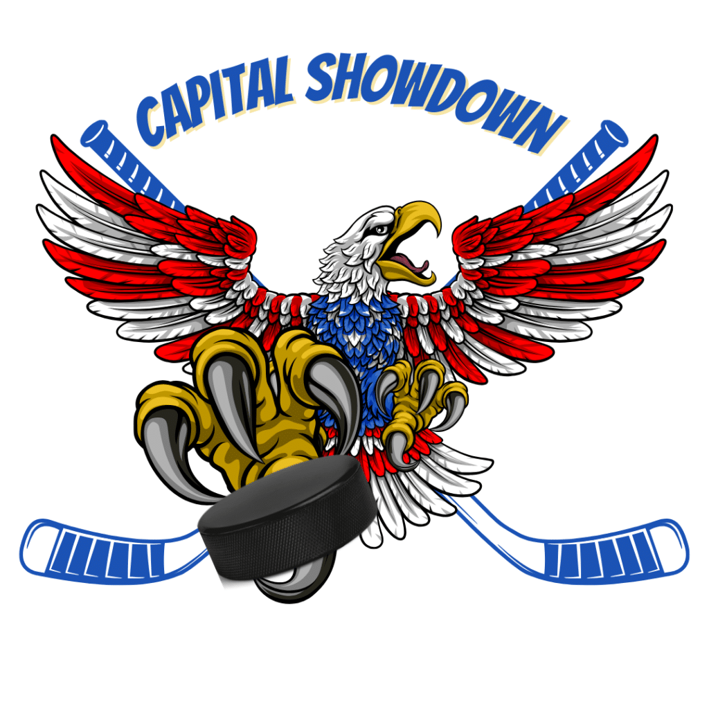 Capital Showdown Youth Hockey Tournament Logo, Maryland red, white and blue eagle holding a puck in its talon and crossed hockey sticks in the background