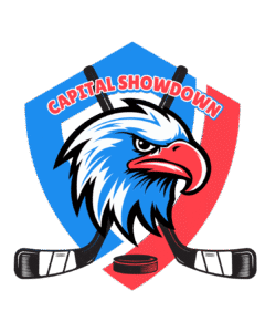 eagle over crossed hockey sticks, youth hockey tournament name - Capital Showdown on a blue and red shield