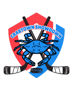 Maryland blue crab over hockey sticks with the words Crabtown Showdown on a red and blue shield