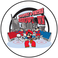 Country & Western Showdown Hockey Tournament Logo with Nashville Skyline, hockey stands and ice and players dressed as cowboys in hockey uniforms