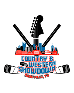 Country & Western Showdown Tournament Logo, crossed hockey sticks, guitar neck, Nashville Skyline