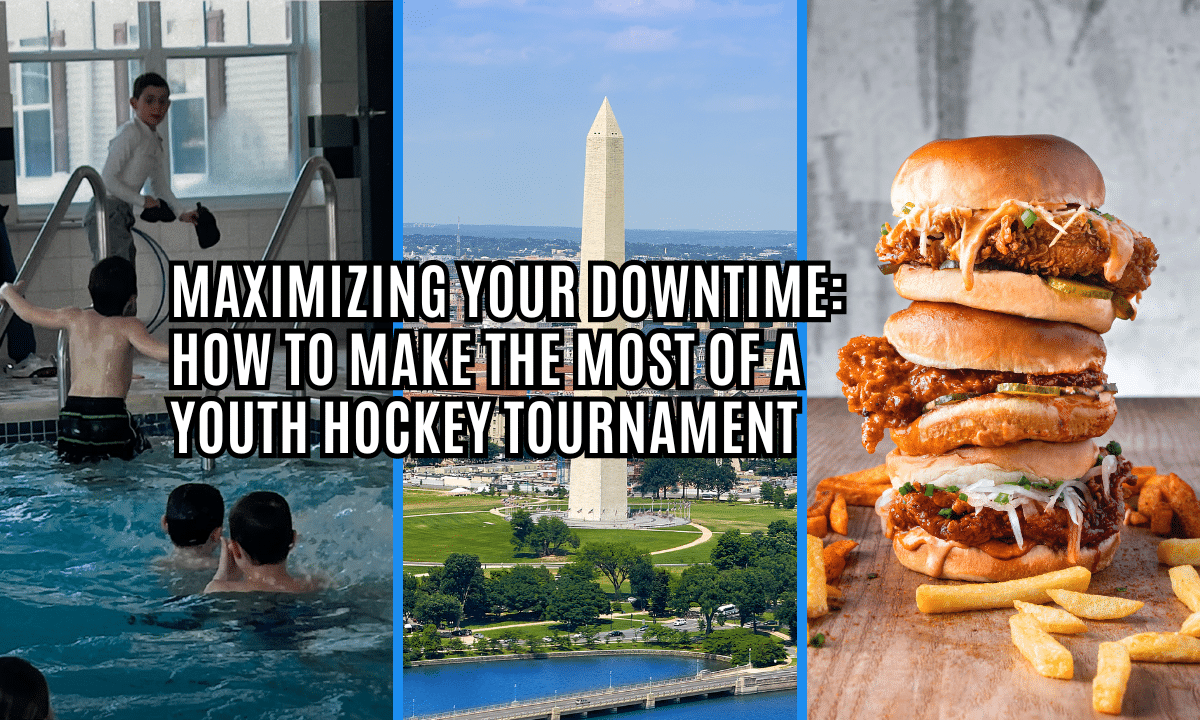 Showdown Tournaments Blog with hockey players swimming in the hotel pool, downtown Washington D.C., Washington Monument, a stack of hot chicken and fries