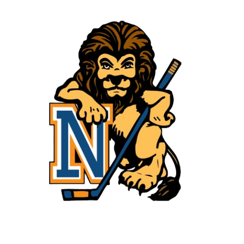 Lion leaning on Capital N holding a youth hockey stick for the Nassau Co. Lions Youth Hockey Logo