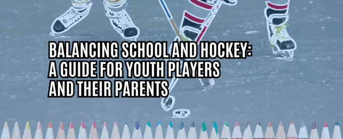 Youth Hockey Players going for the puck and colored pencils to balance school and hockey with Showdown Tournaments