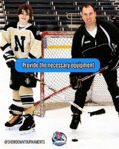 youth hockey player and youth hockey coach with their hockey sticks crossed