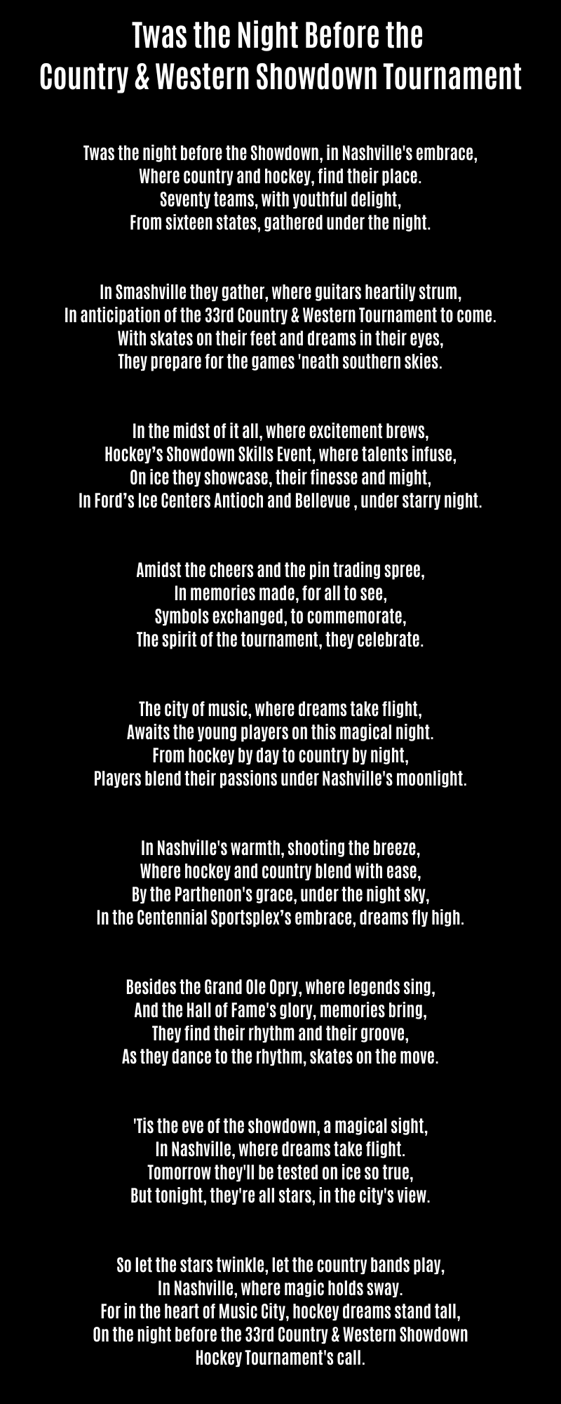the text of the hockey poem: for the Country & Western Showdown Tournament youth hockey tournament in Nashville, TN